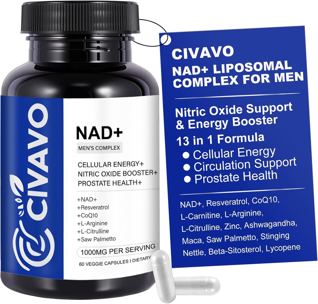 NAD+ Papildinājums vīriešiem 1000mg, NAD+ ar Resveratrol, CoQ10, L-Citrulline & Maca Saknes – Celulārā enerģija, Veselīgs novecošanas atbalsts, Antioksidants, Slāpekļa oksīda prostatas veselība vīriešiem – 60 kapsulas