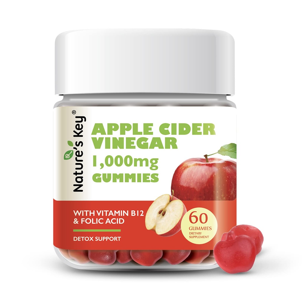 Dabas Atslēgas Ābolu Sidra Etiķis Etiķis Gumijas -1000mg 60 Skaits, svara zudums, Gremošana, Natural Detox & Attīrīšana     -Vegāns, Non-GMO, Bez lipekļa ar Folic Acid vitamīns B6 B12 Bietes Granātābols