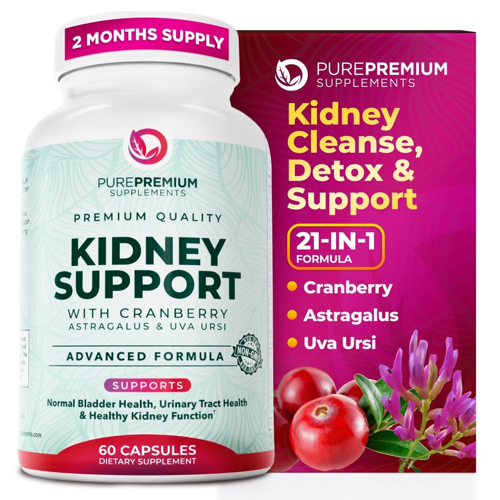 PurePremium Niere Support Papildinājums – Nieru tīrīšana Detox & Remonts ar Dzērveņu ekstraktu un Astragalus - 21-in-1 komplekss Atbalsta Normāls urīnpūslis, Urīnceļu un nieru veselība - 60 Day Supply