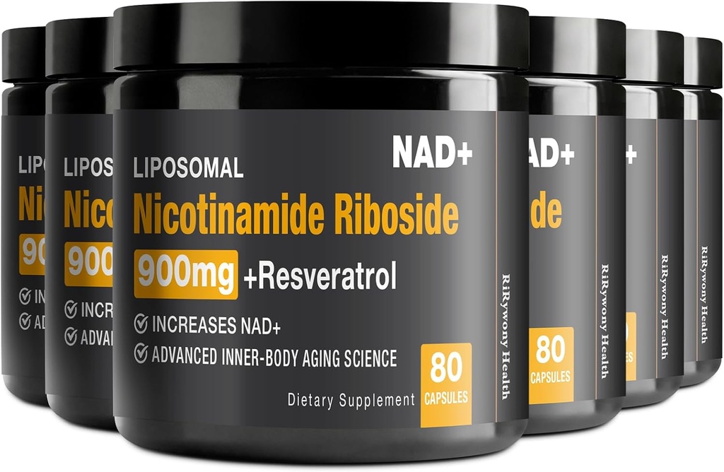 NAD papildinājums - NAD+ ar nikotīnamīdu Riboside (NR) un Resveratrol Quercetin 900mg Pure Organic NAD Plus šūnu remontam Veselīgas novecošanas smadzeņu funkcija, 80 kapsulas (iepakojums no 6)