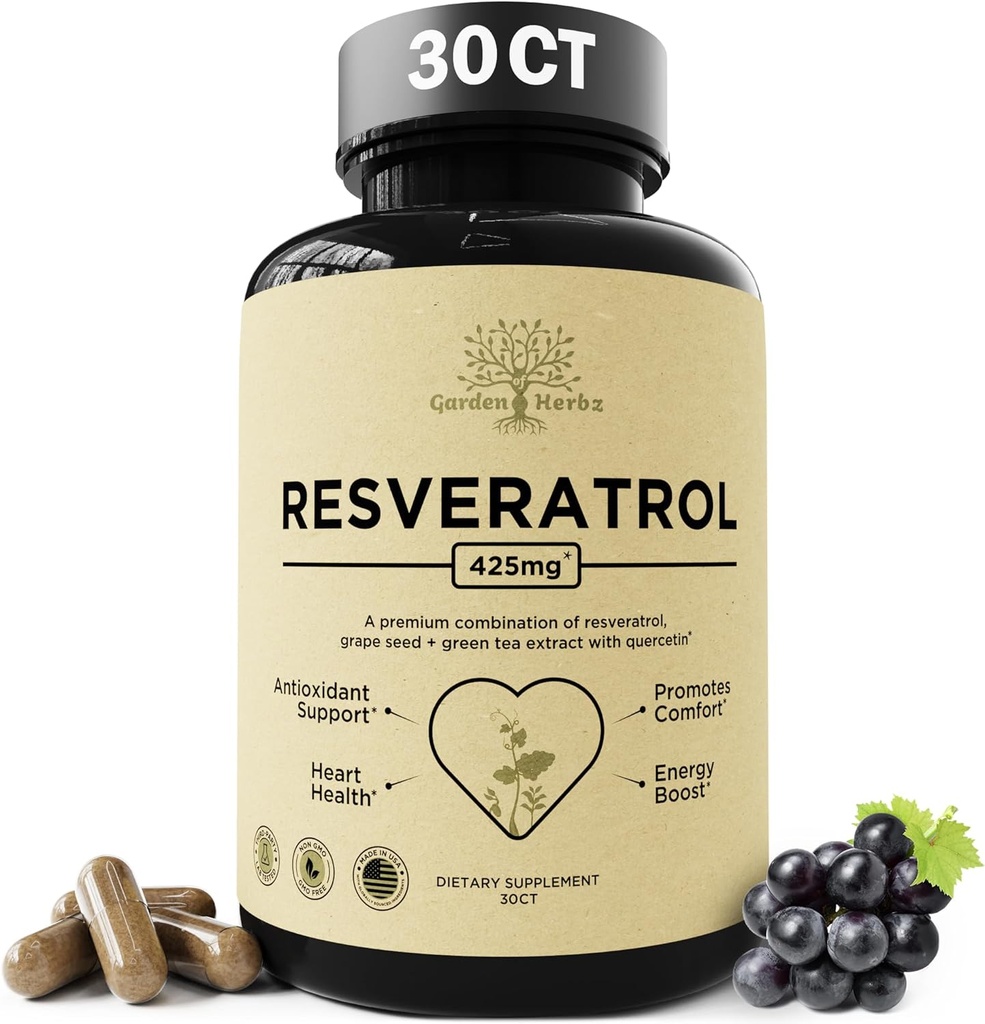Quercetin & Resveratrol Papildinājums ar vīnogu sēklām – 425mg augu Antioksidants un labsajūtas atbalsts – Polifenoli un uzturviela Blend General Health, 30Ct