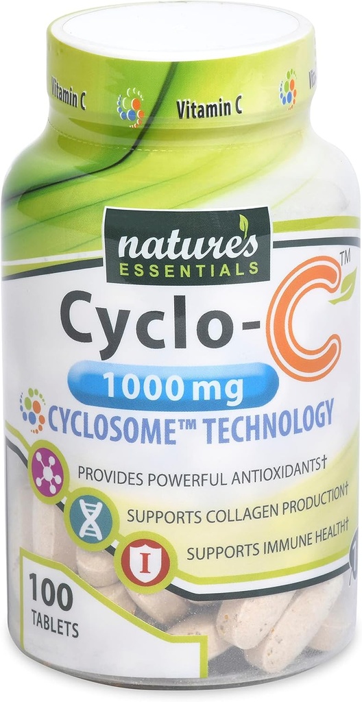 NATURE'S ESSENTIALS Liposomālie C vitamīns         ; Cyclo-C 1000mg ; Bioflavonoids + Ciklodekstrīns Maksimālā Absorbcija Formula ; 3 Mēnešu Piedāvājums ; Non-GMO ; Bez lipekļa ; Veģetārietis   ; Skaits (100)