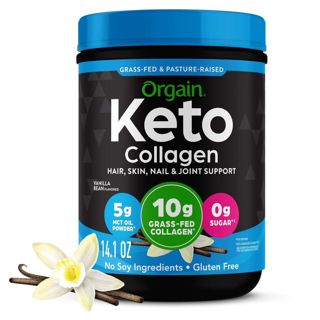 Orgain Keto kolagēna proteīna pulveris, Vanilla - 10g Zāles barotnes Hidrolizēti kolagēna peptīdi sievietēm un vīriešiem, I & III tips, 5g MCT eļļa - mati, āda, nagi, & locītavu atbalsts, ne-GMO, bez lipekļa - 0,88lb