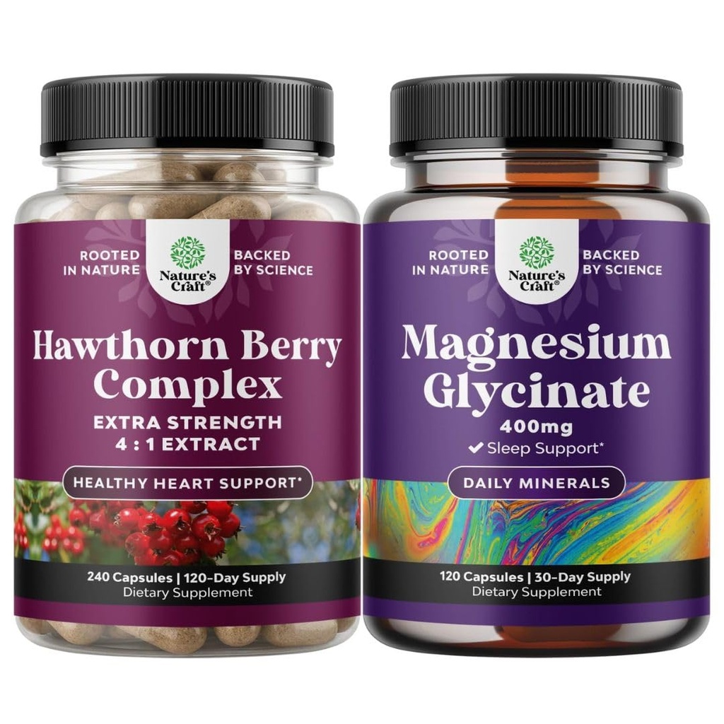 Natures Craft Bandle of Extra Strength Hawthorn Berry Capsules - ekstrakts Gremošanas un sirds veselības papildinājums un Pure Magnijs Glycinate 400mg Per kalpo miega un relaksācijas