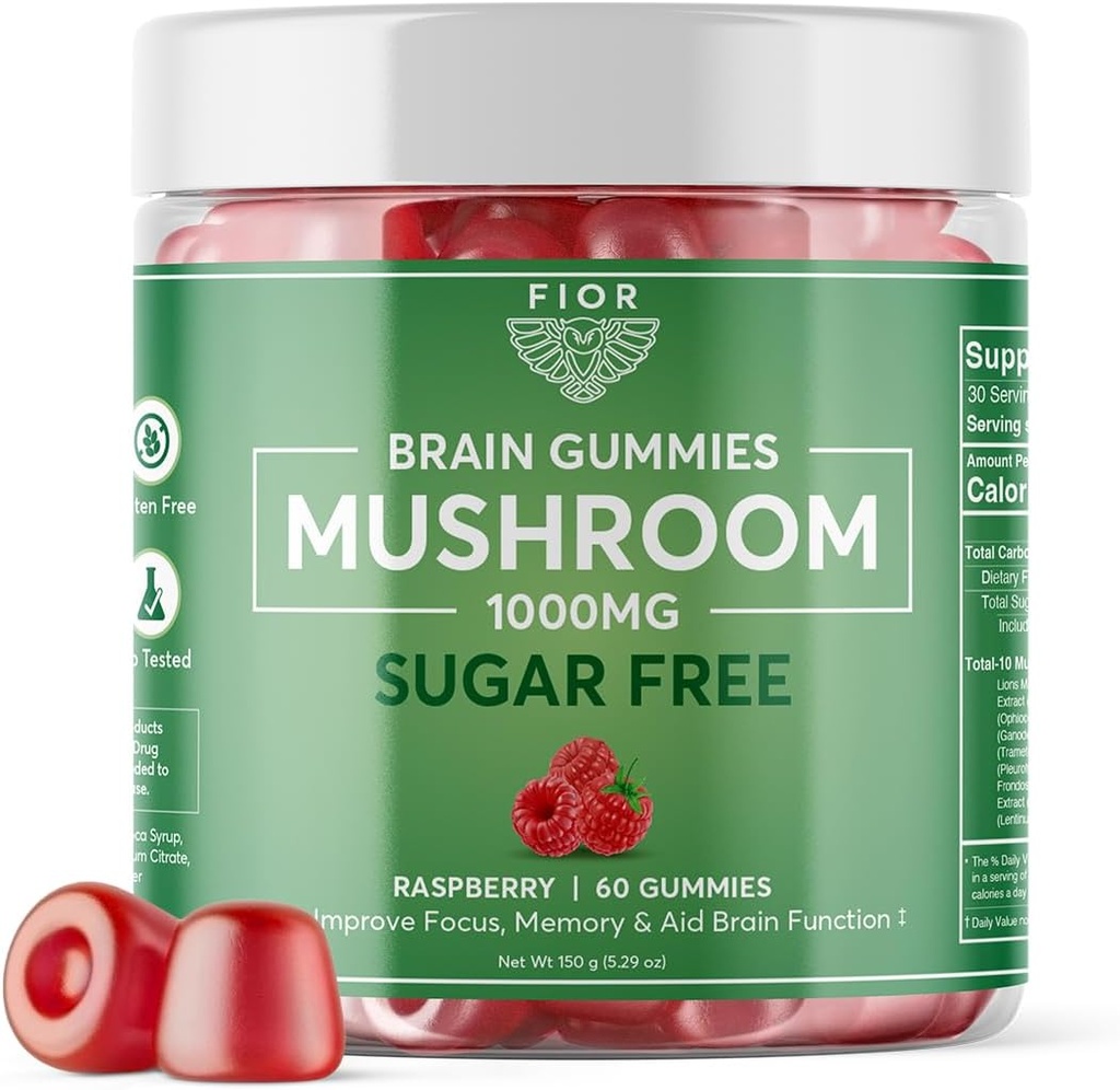 FIOR Dabīgi bez cukura Sēņu gumija kopā sēņu Blend Papildinājums, 60 grāfs, Multi Mushroom Complex, Lauvas Mane, Chaga, Cordyceps, Reishi, Turcija Taile, Maitake, Shiitake, King Trumpet