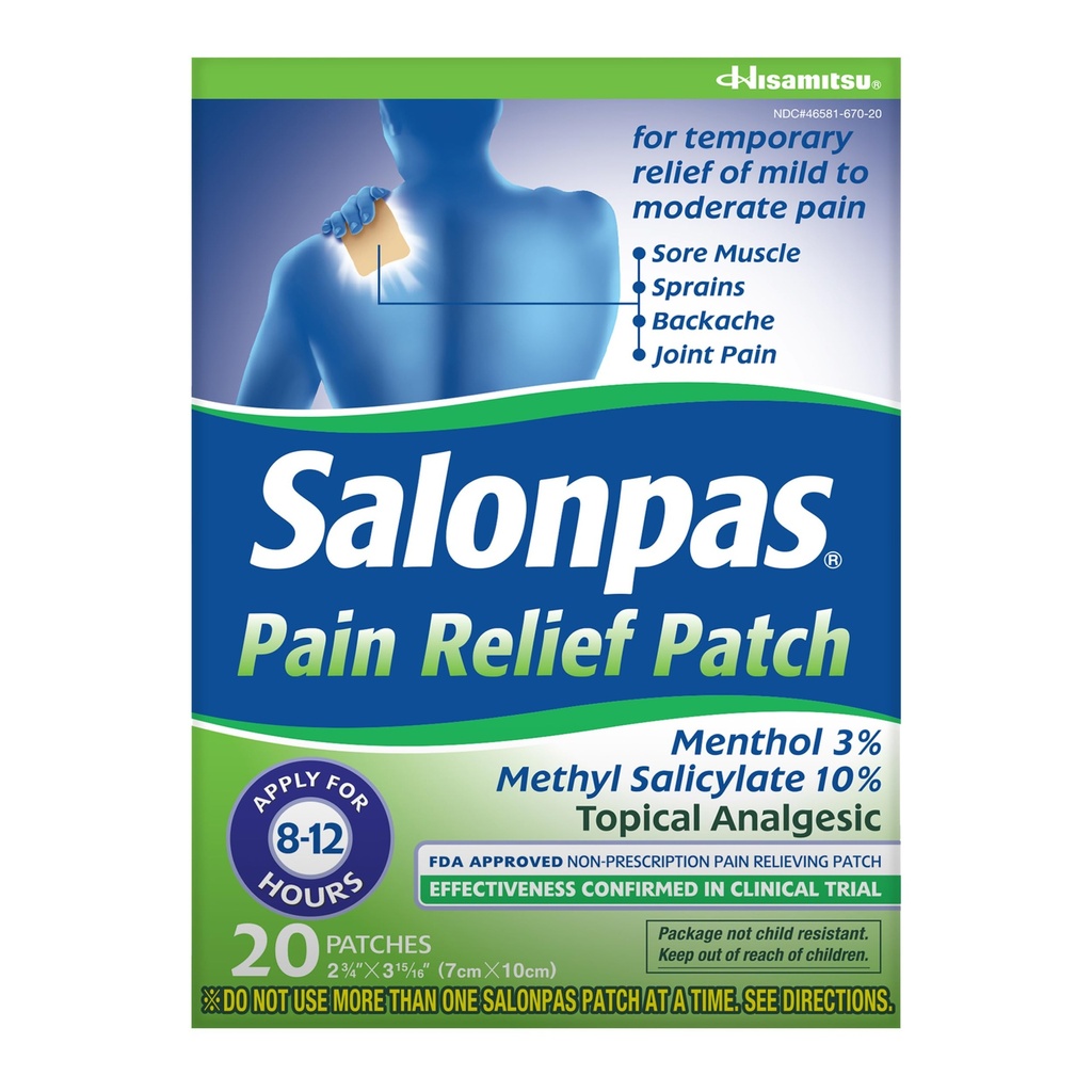Salonpas sāpju remdēšanas patch, 20 grāvji (iepakojums no 1, līdz 12 stundām uz laiku atvieglot vieglu līdz vidēji smagu sāpju, muguras sāpes, skābo muskuļu, sastiepumi, zilumi