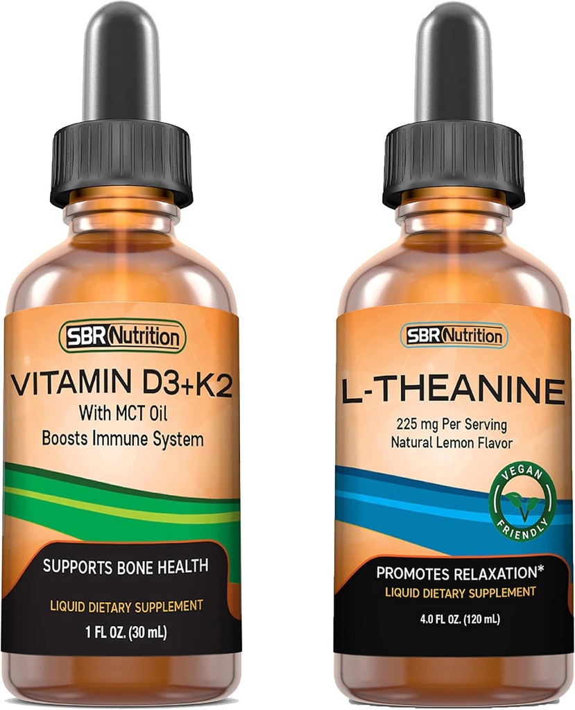 SBR Nutrition D3+K2 un L-Teanīna Bundle D3K2 vitamīns (MK7) Šķidrie pilieni, piparmētra, 1oz - L teanīns 225 mg Šķidrie pilieni, 2oz - - pieaugušajiem un bērniem -- ne-GMO, bez lipekļa