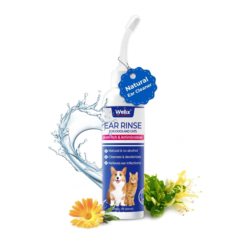 Wellix 120ml Ausu tīrīšanas līdzeklis suņiem un kaķiem - Ausu infekcijas ārstēšana bez kairinājuma - Ausu mazgāšanas atvieglošana un nomierinošs iekaisums - Ausu vaska, pulvera un odoru noņemšanas pilieni
