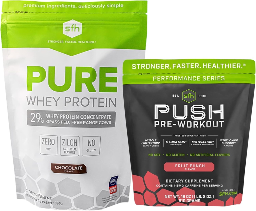 SFH Motivate & Gain Workout Bundle Pure Whey Chocolate Protein un push Pre-Workout pulveris