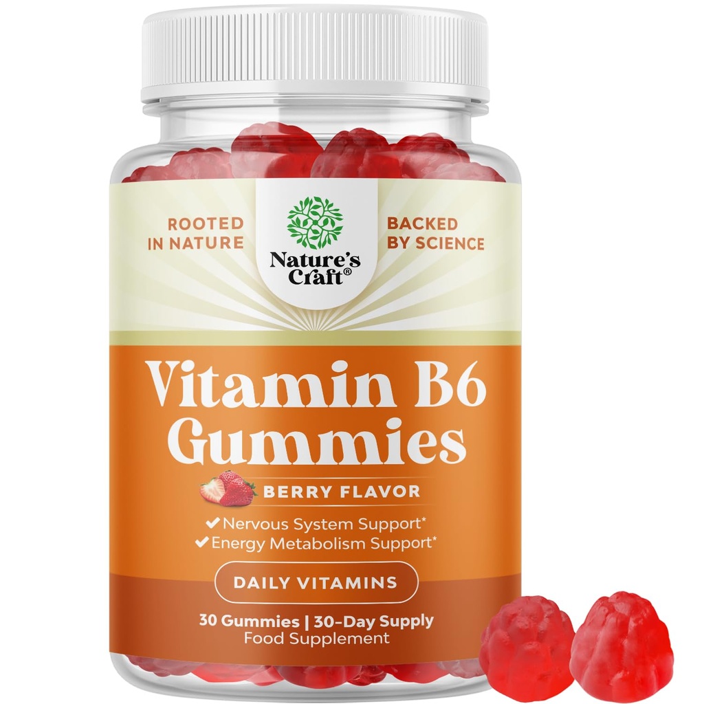 Spēcīgs B6 vitamīns Gumijas pieaugušajiem - Spēcīgs B vitamīna komplekss Papildinājumi vīriešiem un sievietēm nervu sistēmas atbalstam Mood & Imūnsistēma - Vegan Pyridoxine Košļājamās enerģijas un vielmaiņas - 30 Ct