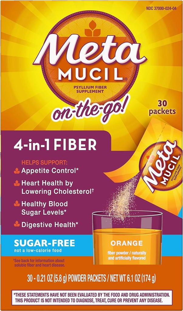 Metamucil-Fiber 4-in-1 Psyllium Fiber papildinājums Bezcukura pulveris Viena veida paciņas Apelsīns Aromatizēts dzēriens 2 Kastes ar 30 iepakojumiem (OLD)