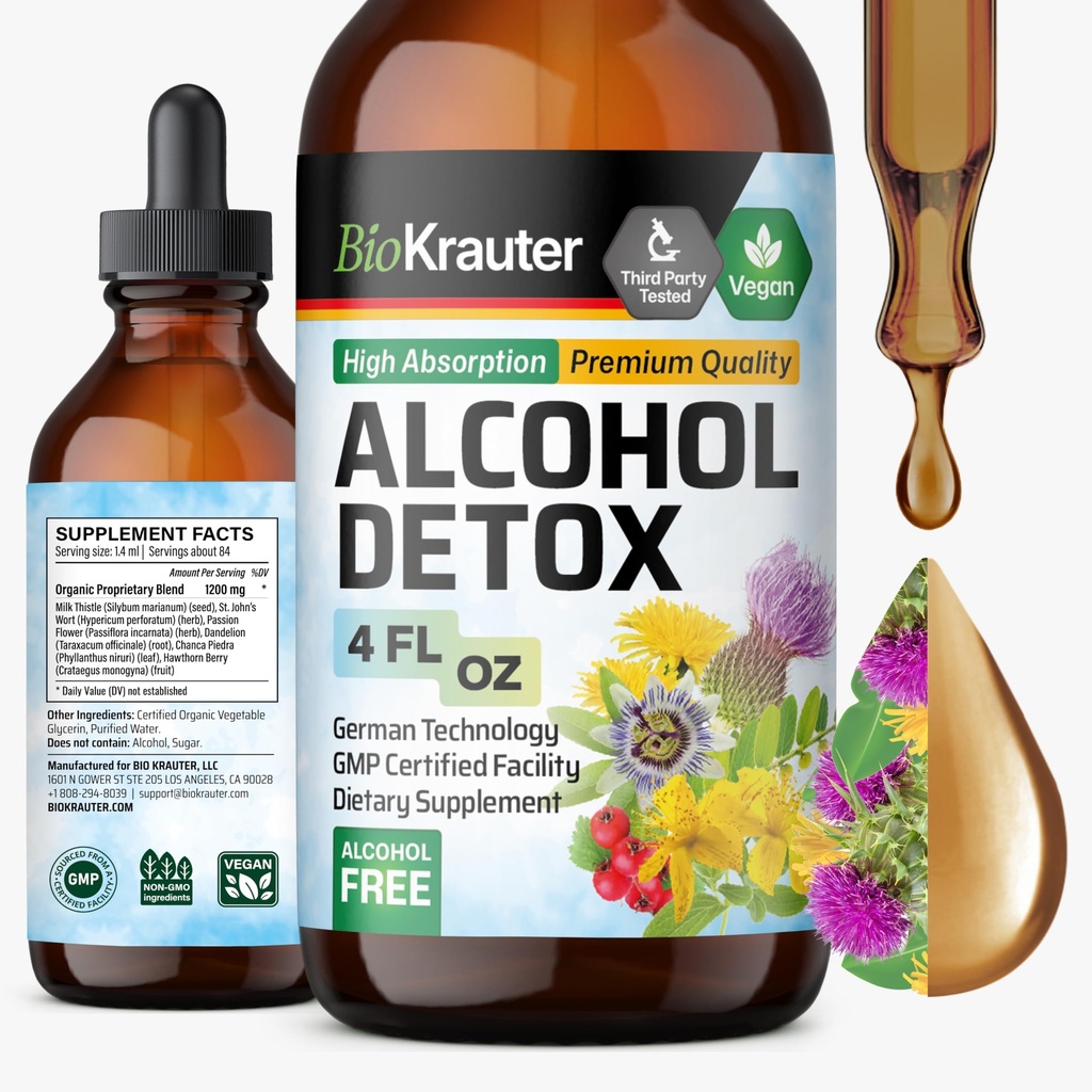 BIO KRAUTER Alkohola detoksikācijas Tincture - Aknu tīrīt Formula - Milk Thistle & Dandelion - Aknu Detox Šķidrais ekstrakts - Alkohols un bezcukura - Vegan pilieni 4 Fl.Oz.