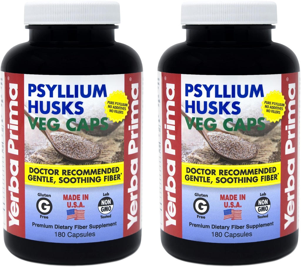 Yerba Prima Psyllium Husks Veg Caps - 180 Count (2 Pack) (625mg) - Vegan, Non-GMO, No Gluten, Colon Cleanser, Daily Fiber papildinājums Gut Health & Regularity