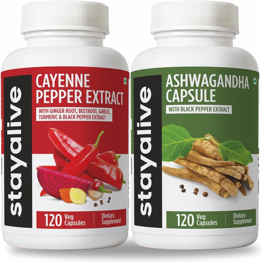 STAY ALIVE Cayenne un Ashwagandha Bundle w/Melnie piparu ekstrakta kapsulas, 240 Vegan Pillas, no GMO un glutēna brīvas Ashwagandha Cayenne Piparu papildinājums