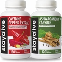 STAY ALIVE Cayenne un Ashwagandha Bundle w/Melnie piparu ekstrakta kapsulas, 240 Vegan Pillas, no GMO un glutēna brīvas Ashwagandha Cayenne Piparu papildinājums