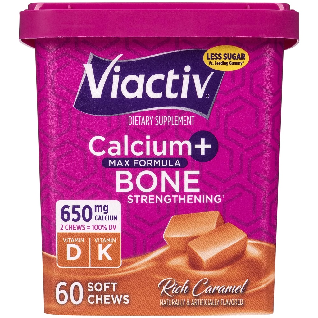 Viaktiv Kalcijs + D vitamīns Papildinājums Soft košļājamās rotaļlietas sievietēm un vīriešiem - Košļājams kalcijs kaulu veselības atbalstam, 650 mg uz apkalpojošo, vitamīnu D & K augstai absorbcijai - 60 grāds, karamelis
