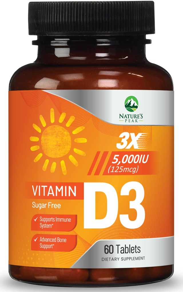 Vitamīns D3 5000iu (125 μg) Imūnās veselības atbalsts - augsts potences vitamīnu D uztura papildinājums kaulu, zobu, muskuļu - Dabas VIT D, Vegan, bez lipekļa, aveņu Flavor - 60 košļājamās tabletes