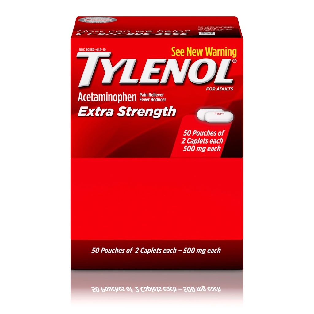 Tylenol Extra Strength Acetaminofēna Caplets, 500 mg, Pain Relief & Drug Reducer galvassāpes, Muguras sāpes, Zobu sāpes, Menstruālie Krampji un sāpes, Travel-Dreenly Iepakojums, 2- Kapeļu maisi, 50 Skaits