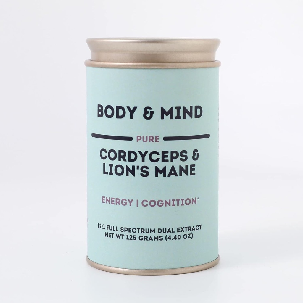 Body & Mind - Pure Organic Lion's Mane & Cordyceps Sēnes 12:1 Duālais ekstrakts - Focus, Cognition, Energy, Izturība - 100% Fruiting Bodys - Add to Water/Tea/Coffee/Smoothies - 125 Grams