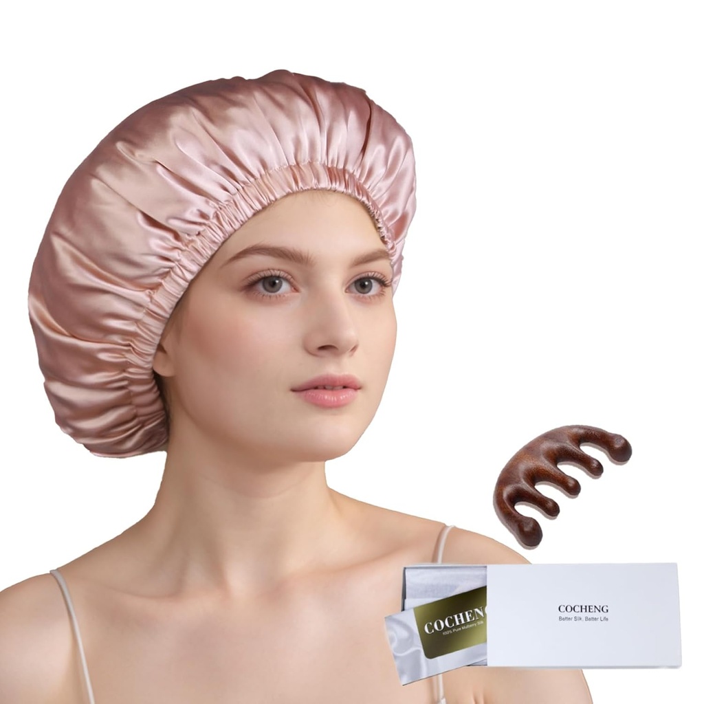 100% Mulberry Silk Bonnet miega sievietēm Long Hair -Double Layer Miega Cap -Silk Miega Bonnet ar Elastic Stay uz galvas (Rozā, Liels)