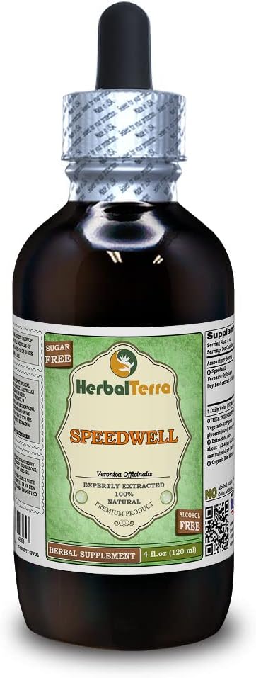 Speedwell (Veronica Officinalis) Glicerīts, Organiskās Žāvētas lapas Bezalkohola šķidruma ekstrakts (zīmuļa nosaukums: HerbalTerra, Proudly Made in USA) 4 fl.oz (120 ml)