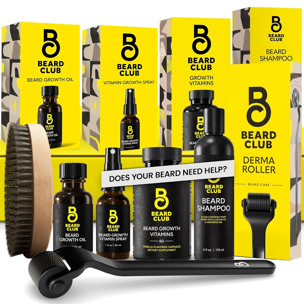 Beard Club Advanced Beard Growth Kit - Derma Roller, Augšanas eļļa, Vitamīni un Vitamīnu Spray, Šampūns un Boar Bristle Brush - Dāvanu komplekts - Cedar