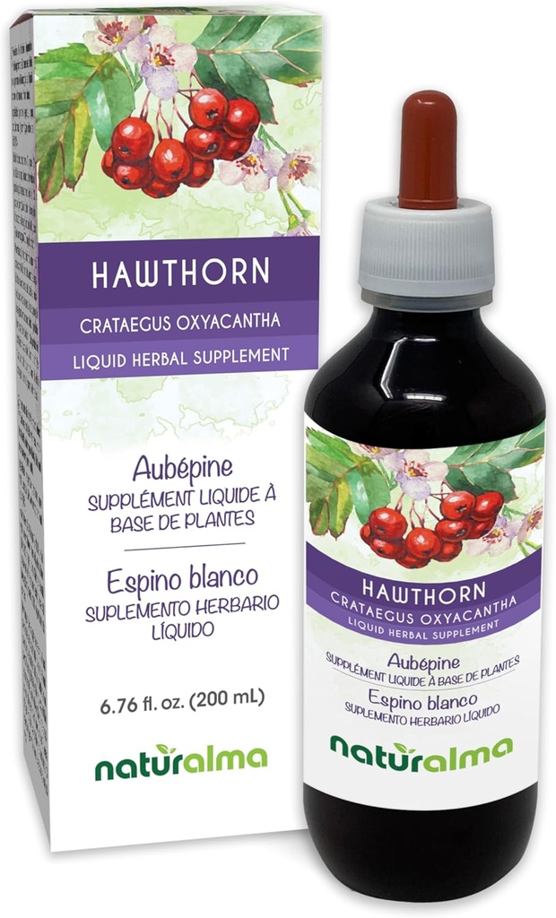 Naturalma Hawthorn (Crataegus oxyacantha) Lapu un ziedu Tinktūra bez alkohola - 6.76 fl oz Šķidrais ekstrakts pilienos - Augu Papildinājums - Vegan