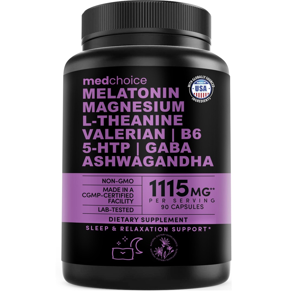 12-in-1 Melatonīna miega kapsulas - dabīgs miega līdzeklis pieaugušajiem ar melatonīnu 5 mg un magnija glicinātu 500 mg, miega līdzeklis ar ašvagandu, L teanīnu, baldriāna sakni, GABA, 5-HTP (90ct, iepakojumā 1)