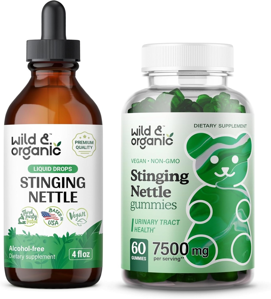 Savvaļas un organiskās stīgu kauliņu saknes Tinktūra 4 fl oz & Stinging Nattle Root Gumies