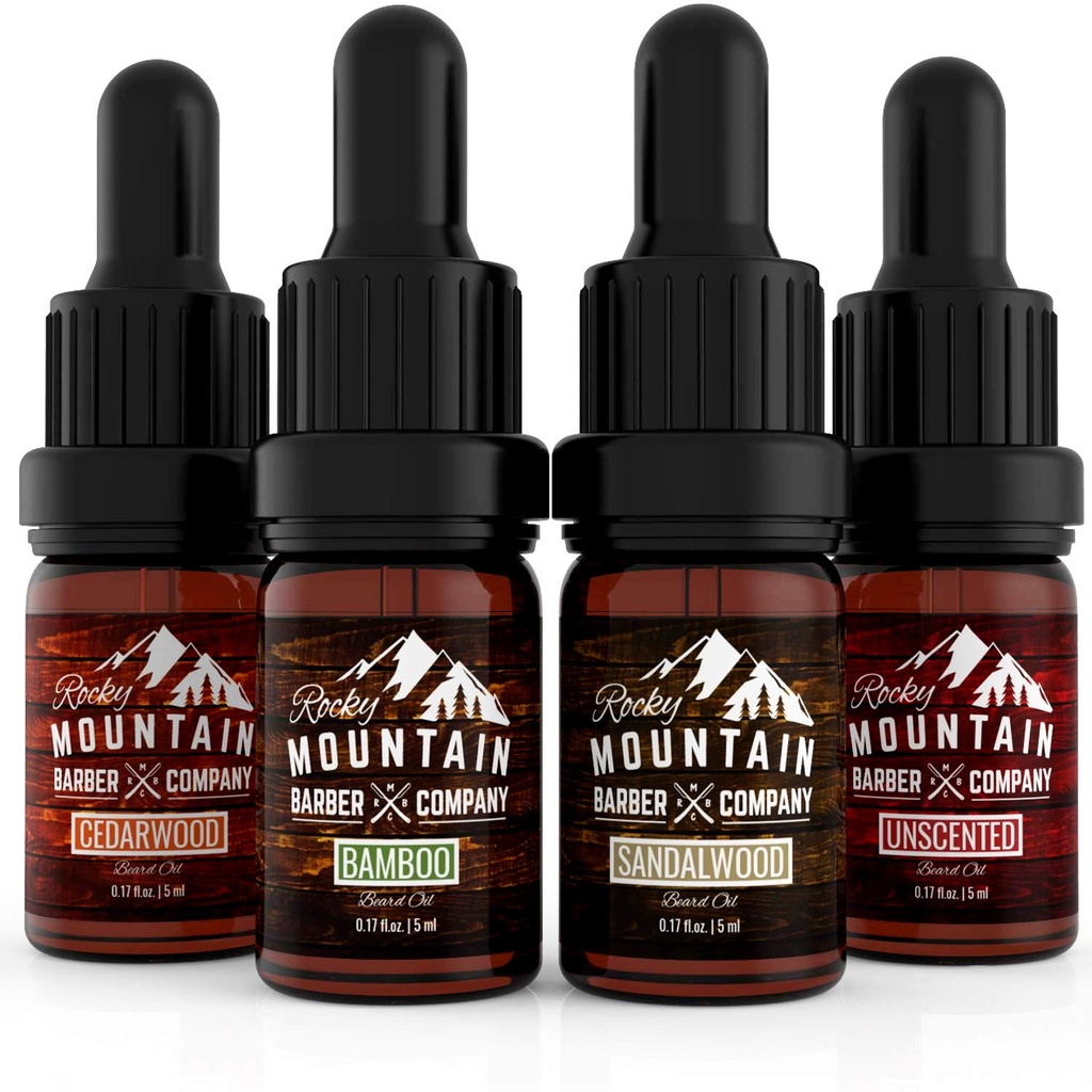 Iepakojums - 4 Unikāls Beard Oil Šķirnes (0,17 oz katrs) - Cedarwood, Sandalwood, Bamboo & Uncented - Satur Essential Oils