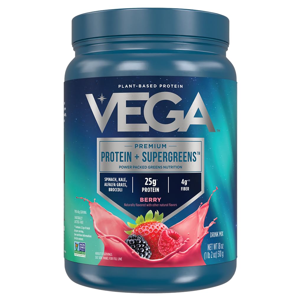 Vega Olbaltumvielas un zaļās olbaltumvielas Jauktas ogas (11 Servējumi) 25g Augu izcelsmes Olbaltumvielas Plus Veggies, Vegan, Non-GMO, Pea Protein sievietēm un vīriešiem, 1,2lbs