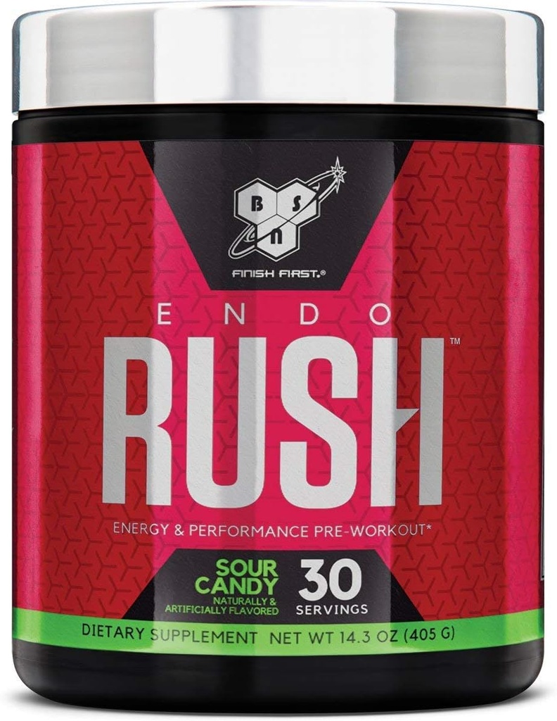 BSN Endorush Pre Workout pulveris, enerģijas papildinājums vīriešiem un sievietēm, 300mg kofeīna, ar Beta-Alanine un kreatīnu, Skābās Candy, 30 Kalpojumi, 14.3 Ounce (iepakojums 1)