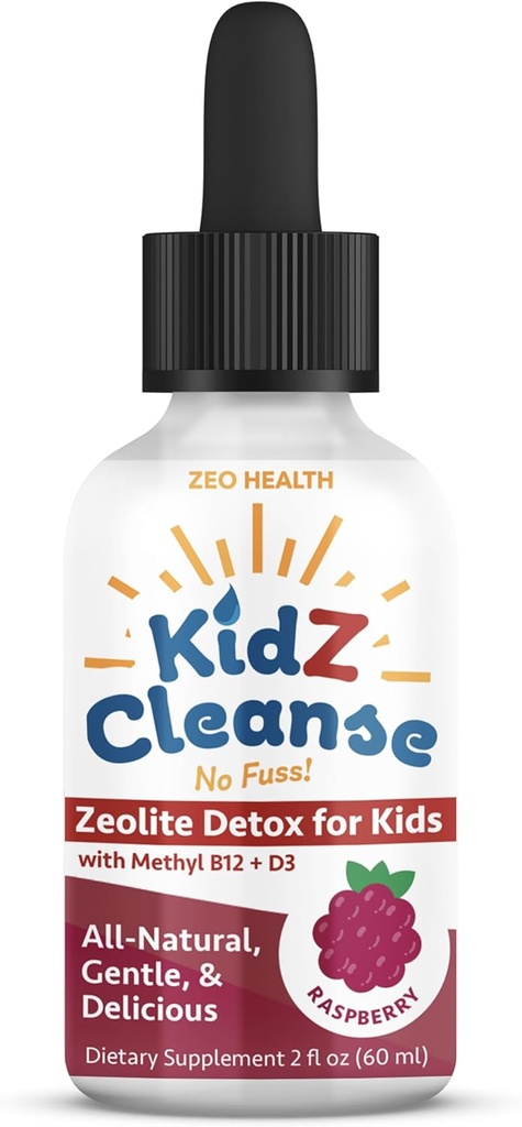 Kidz Cleanse - Zeolite Detox bērniem - Attīstība, uzvedība, enerģija un Gut veselības atbalsts Papildinājums - Viegli lietot, Tīrs šķidrums Zeolīta pilieni + Metil B12 + D3 (Avenberry Flavor) - 2oz