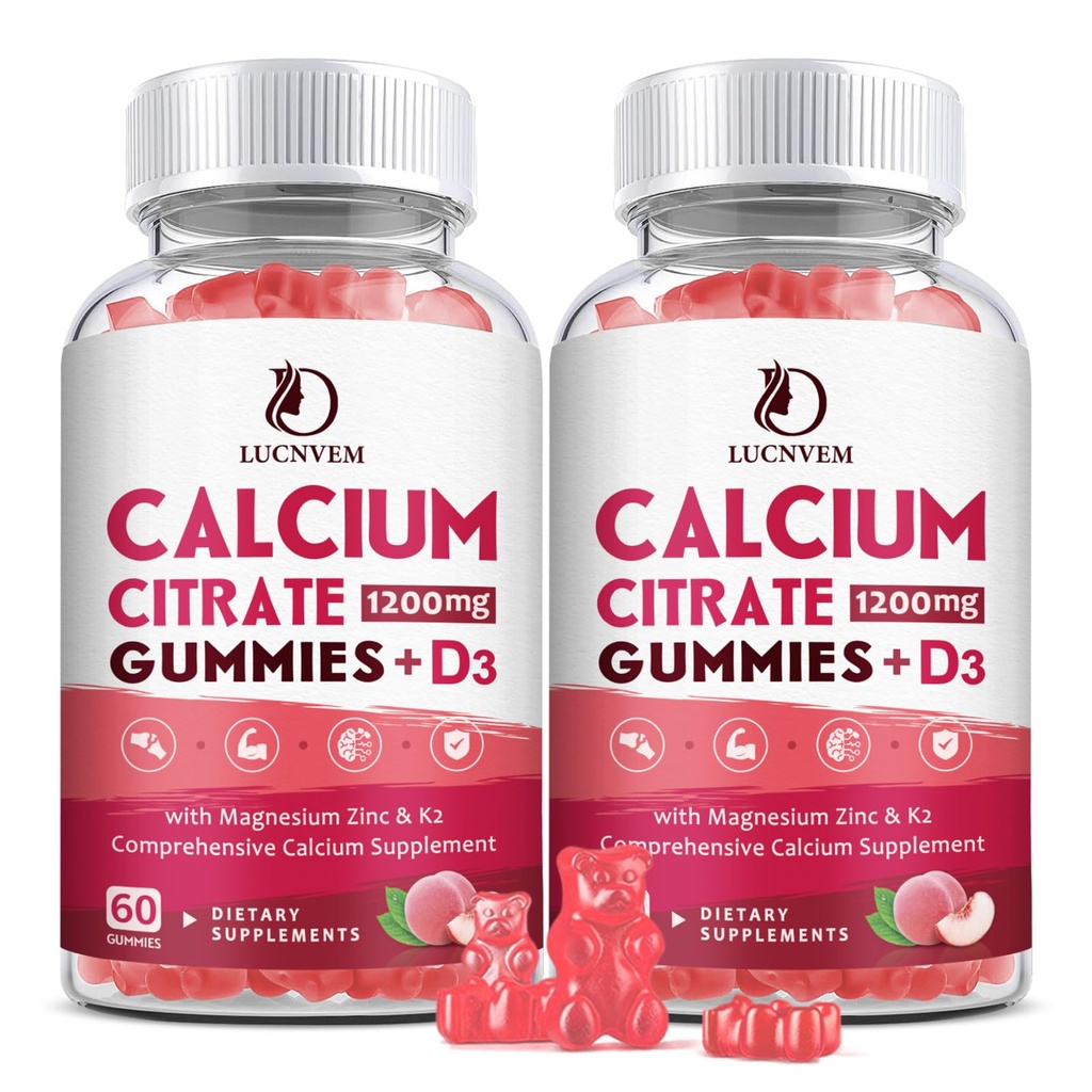 (2 Iepakojums) Kalcija citrāts 1200mg ar vitamīnu D3 piedevas Gumijas sievietēm un vīriešiem, kalcija gumijas ar vitamīnu D3 K2, augsts Absorbcija kaulu muskuļu veselīgu persiku Flavor- 60 dienu piegādes