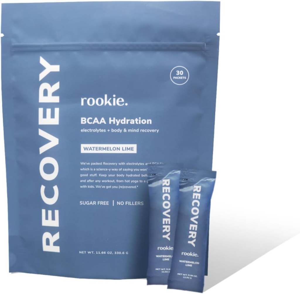 Rookie Wellness Recovery BCAA - Elektrolītu un BCAA pulveris ar 5 g sazarotas ķēdes aminoskābes muskuļu reģenerācijai, Elektrolīti hidratācijai, & tikai 10 Kalorijas (30 Kalpo, arbūzs Laima)
