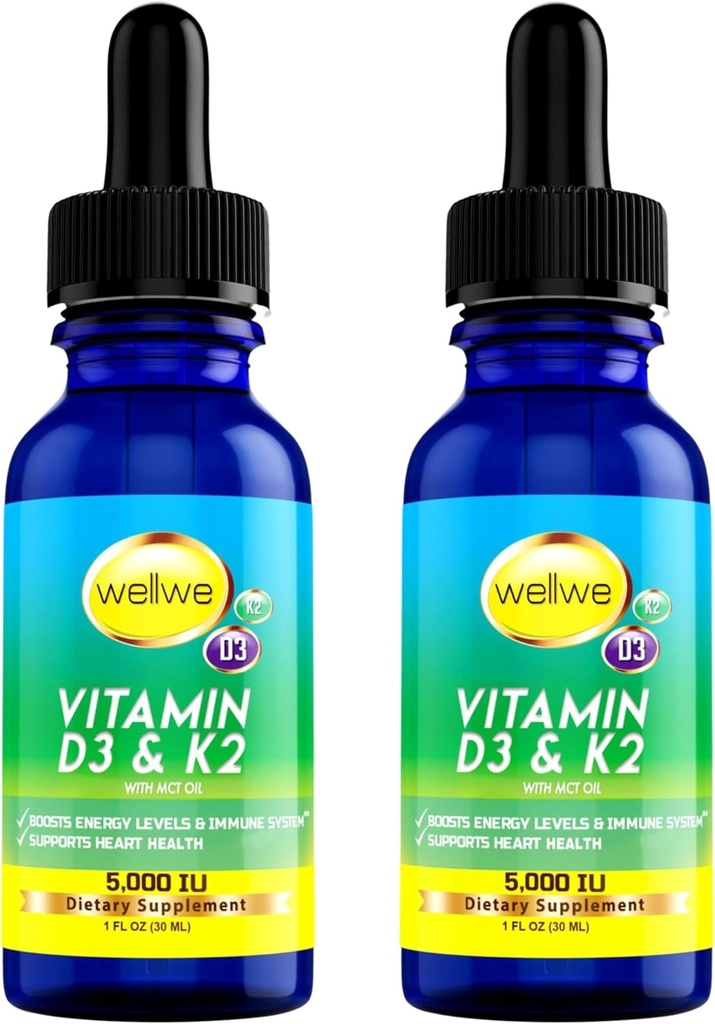 2 Pudeles Šķidrs vitamīns D3 K2 Drops 5000 SV ar MCT eļļu - Vegan Liquid D vitamīna papildinājums enerģijas līmeņa paaugstināšanai, gara un imūnā sistēma, bez iekaisuma, bez odora, bez lipekļa, bez GMO, 2 Fl Oz