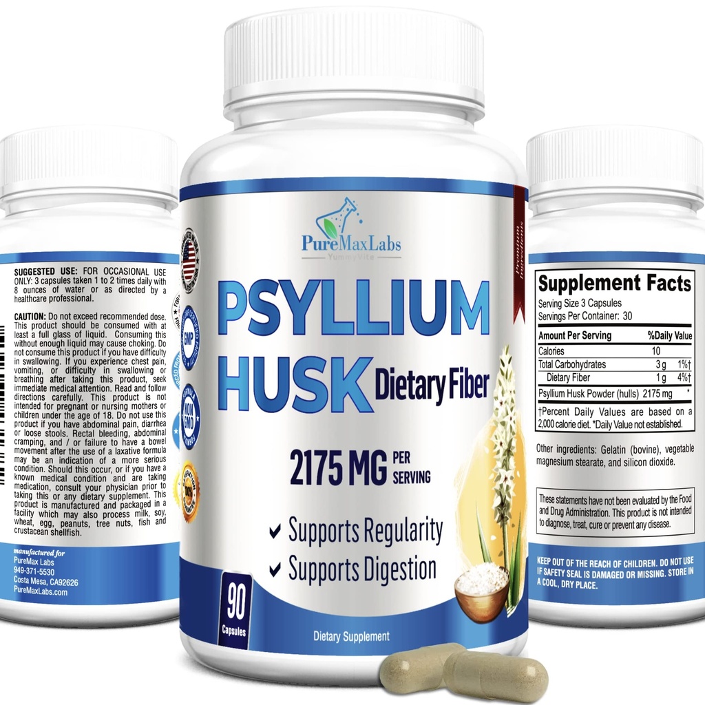 Psyllium Husk Diētiskā Fiber papildinājums 2175mg, Ne-GMO, 90 kapsulas