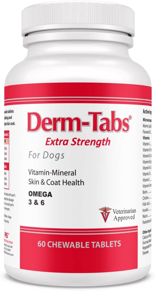 Derm Tabs Extra stiprums suņiem - Dabiskā eļļa, vitamīni, minerālvielas, un antioksidanti - Atbalsts veselīga āda un samazināt Shedding -60 košļājamās tabletes