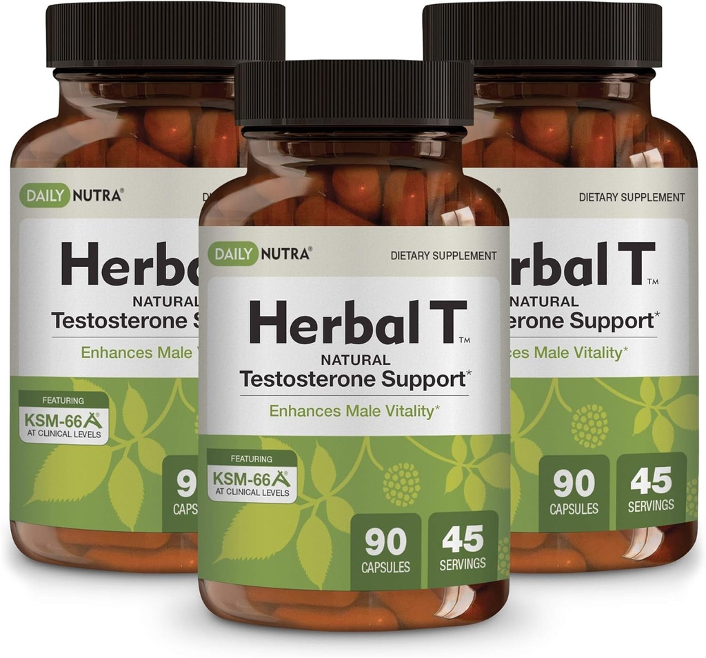 DailyNutra Herbal T Vīriešu veselības formula papildinājums izturības, Vitality, & Healthy Aging - ar KSM-66 Ashwagandha, Tongkat Ali, Tribulus, Eleuthero, & Horny Kazas Weed (3-Pack)