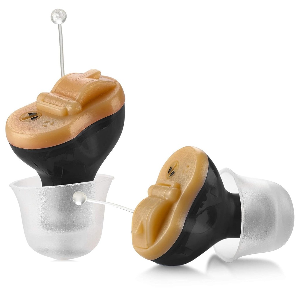 Premium digitāls dzirdes palīglīdzekļu pastiprinātājs - Neredzams kanālā (CIC) in-Ear Mini skaņas pastiprinātāju komplekts, Neredzams, Trokšņu slāpēšana, Personīgā skaņas pastiprinātājs - melns, pāra labā un kreisā auss