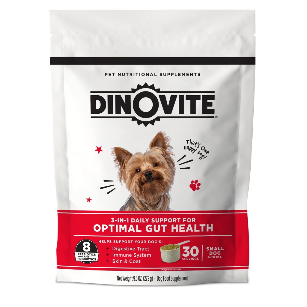 Dinovīts 3 in 1 Probiotika maziem suņiem, āda un apmatojums, Gremošanas Veselība & Kopīgi Relief, Suņu Pārtikas Toppers, Imūnsupport, Alerģija Relief & Nieze Relief ādas kopšana, 30 Kalpojumi (1-18lb)