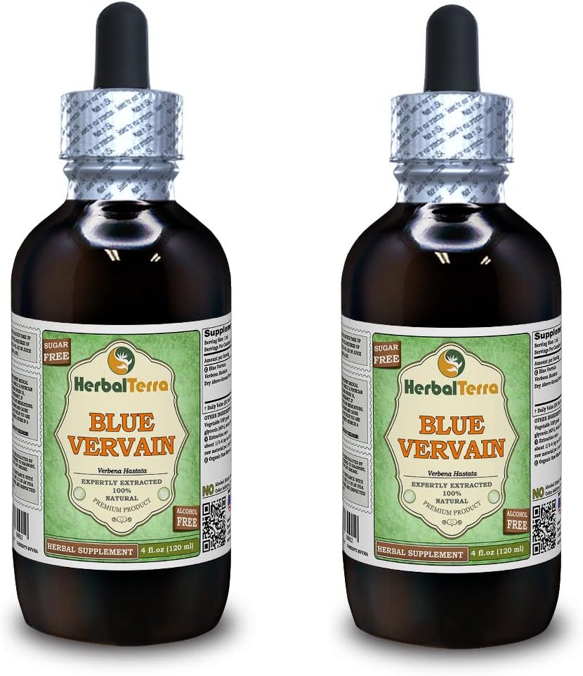 Blue Vervain (Verbena hastata) Glicerīts, Organiskās Žāvētas Virsgrunts daļas Bezalkohola šķidruma ekstrakts (Zīmola nosaukums: HerbalTerra, Proudly Made in USA) 2x4 fl.oz (2x120 ml)