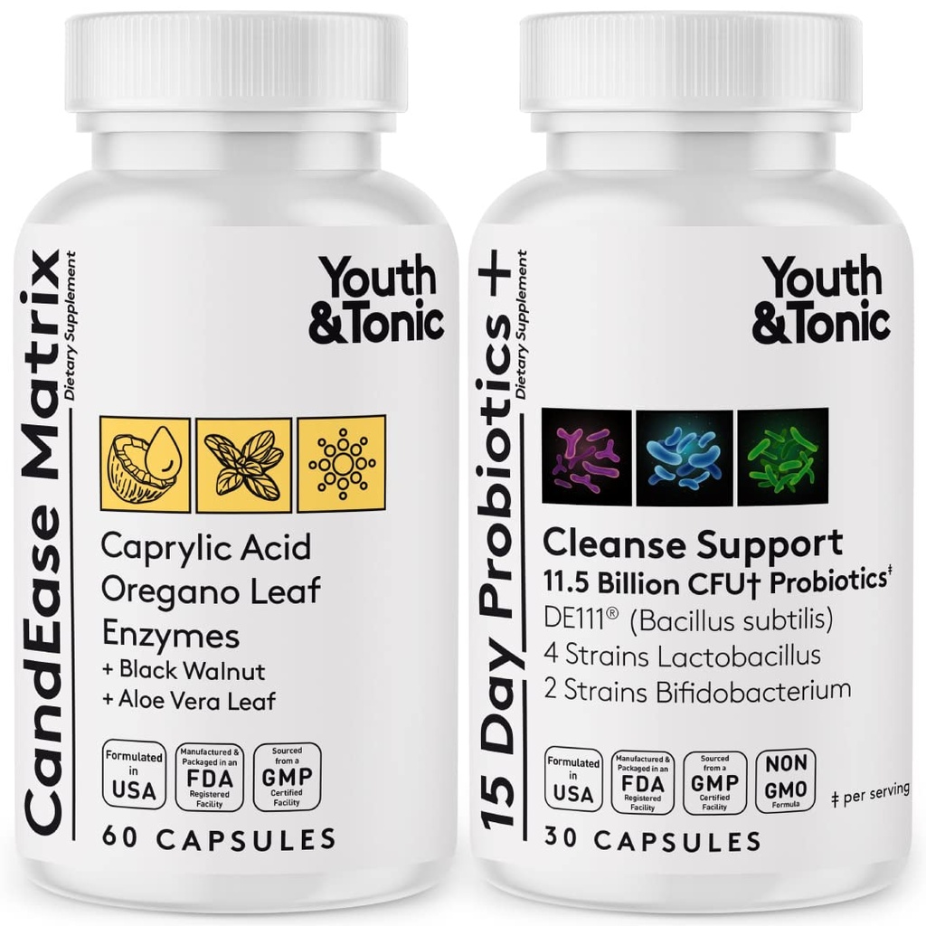 Youth & Tonic Oregano & Caprylic Acid Gut Veselības Papildinājums ar probiotikām un herbs par Gut Flora balanss, Gremošanas un zarnu veselību un imūno atbalstu – 90 kapsulas