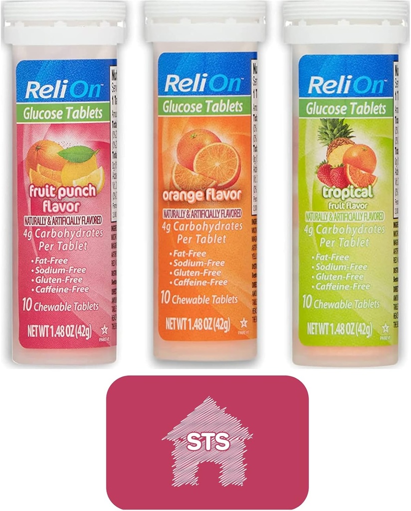 Relion Glikozes Tabletes (Mix Flavors) Oranžas, Tropu un augļu punktveida - Kopā 30 tabletes + STS Uzlīme.