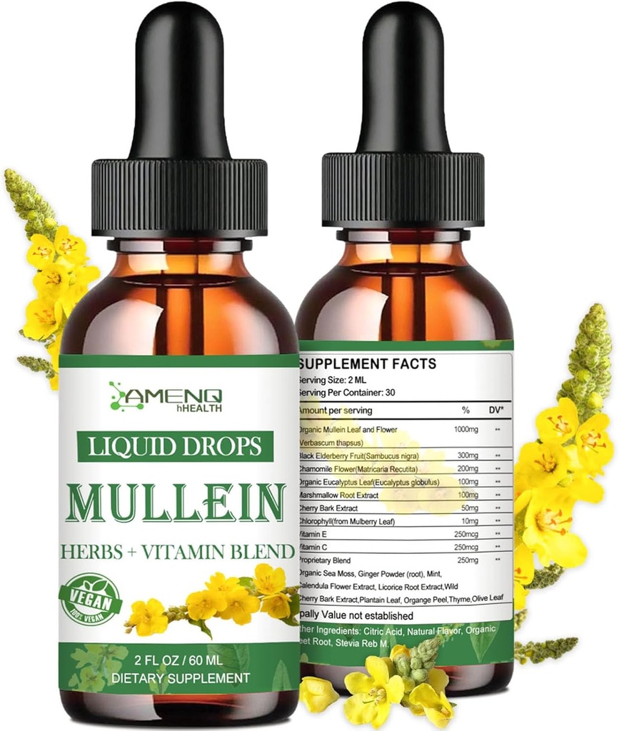 Mullein pilieni uz plaušām, spēcīgs plaušu attīrošais detokss uz smēķētājiem, organisks Mullein un hlorofila pilieni uz plaušām, Mullein Leaf ekstrakts uz plaušām un bronhijām, respiratorā veselība, imūnā Boost 2 FL/OZ