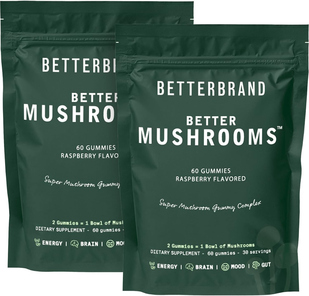 Betterbrand BetterMushrooms Nootropie Gumies - Atbalsts Labāka Gut veselība, Kognitīvā funkcija, Garīgā skaidrība ar 10 Funkcionālajām sēnēm - 60 Gumijas - Aveņu Flavor - Pack of 2