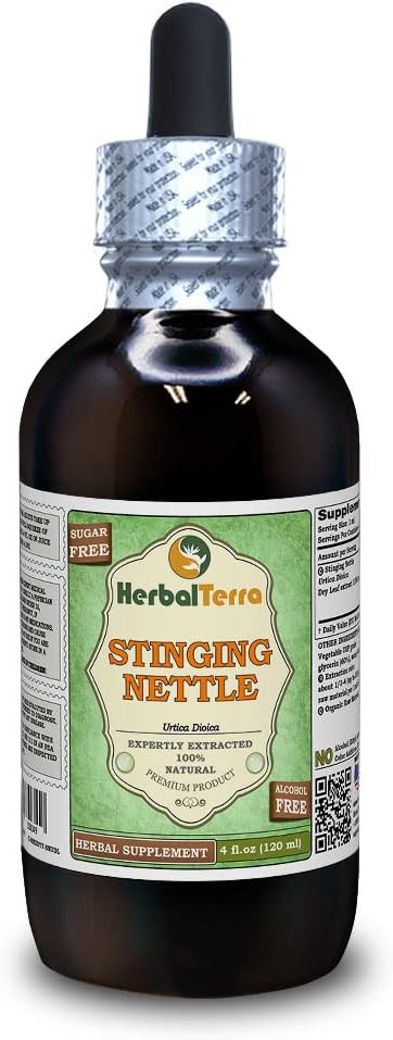 Stinging Nettle (Urtica Dioica) Glicerīts, Organiskās Žāvētas lapas Bezspirta šķidruma ekstrakts (zīmuļa nosaukums: HerbalTerra, Proudly Made in USA) 4 fl.oz (120 ml)