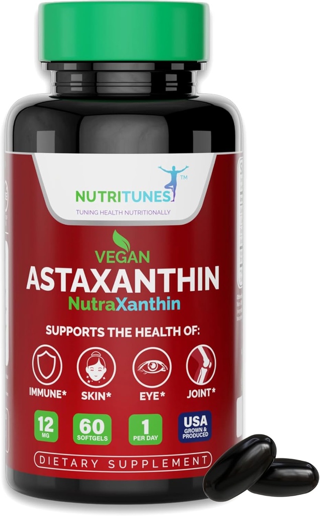 Astaksantīns 12mg Vegan Softgels – augstas aktivitātes antioksidants ādai, acīm un imūnsupportam – ne-GMO, bez lipekļa, sojas, laktozes un GSE, 60 Vegan Softgels, 2 mēnešu piegādes