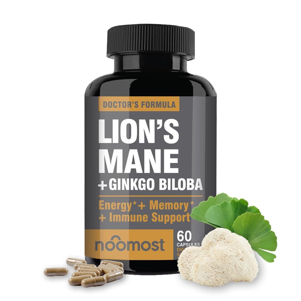 NooMost Lions Mane Papildinājums Organiskās Kapsulas - ar Ginkgo Biloba - Kognitīvā veselība, Focus & Memory Support - Dabas Superfood smadzenēm, Enerģija un Imūnā veselība - 60 Kapsulas - 2 Mēnešu Piedāvājums