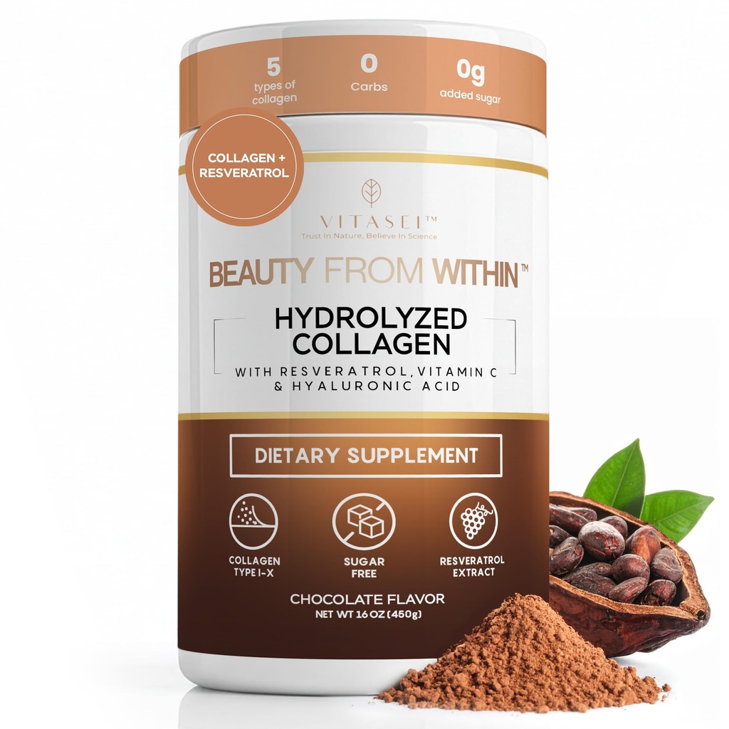 Hidrolizēts kolagēns Peptīdi Pulveris ar C vitamīnu un resveratrolu - Matu, ādas un nagus Vitamīni sievietēm un vīriešiem - Kaulu un locītavu papildinājums - Šokolāde aromatizēta - 16oz